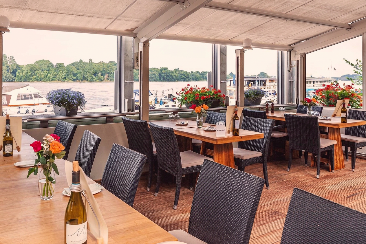 Terrasse mit Rheinblick und Booten im Yachthafen Rodenkirchen
